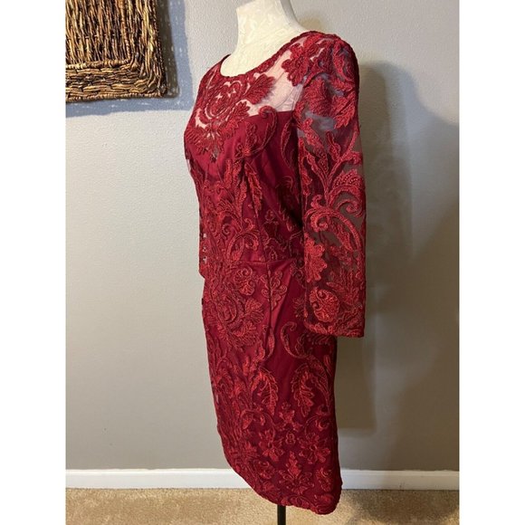 Alex Evenings Dress 12 Red 3/4 Long Sleeve Wedding Cruise Party Washable - Picture 7 of 14